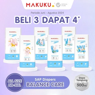 [BELI 3 GRATIS 1 PACK] MAKUKU SAP Diapers Balance Care NB/S/M/L/Xl/XXL Pants/Tape / Popok Bayi Tipis Extra Dry Anti Gumpal Mengunci Cairan Cepat Kering Type Celana/Perekat